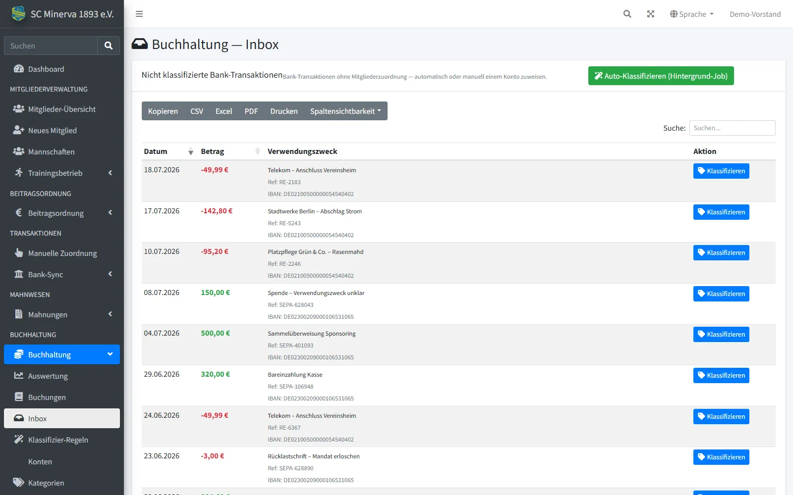 Buchhaltungs-Inbox mit noch nicht zugeordneten Bankumsätzen