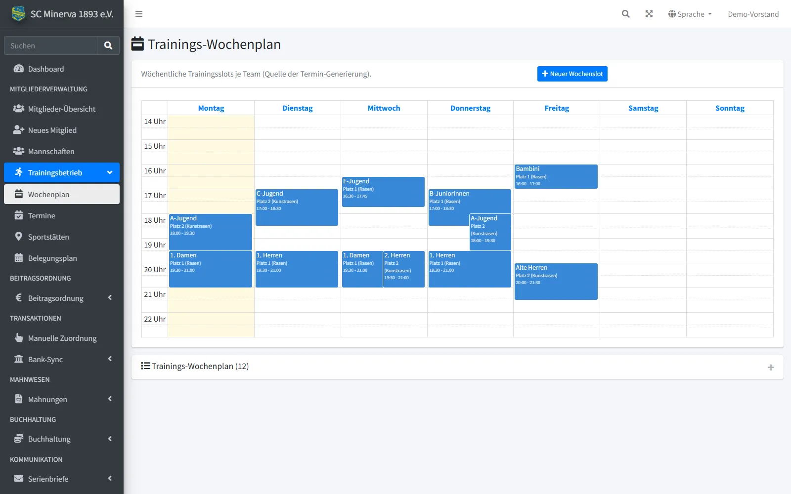 Trainings-Wochenplan mit Belegung zweier Plätze über die ganze Woche